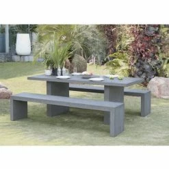 MACABANE HANS - SALON DE JARDIN EN FIBRE DE BETON 8 Pers - Ensemble De Jardin - 1 Table Rectangulaire 200*90 Cm Et 2 Bancs - Anthracite
