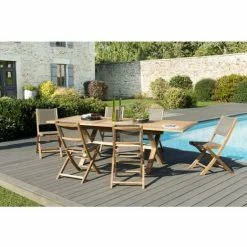MACABANE HARRIS - SALON DE JARDIN BOIS TECK 8/10 Pers - 1 Table Rect. Extensible Pieds Croisés 180*240/100 Cm - 6 Chaises Textilène Taupe - Marron