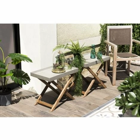 MACABANE HANS - Set De 2 Tables Basses Pliantes De Jardin En Résine Effet Béton Et Pieds Croisés Acacia - Anthracite 3 MACABANE HANS - Set De 2 Tables Basses Pliantes De Jardin En Résine Effet Béton Et Pieds Croisés Acacia - Anthracite