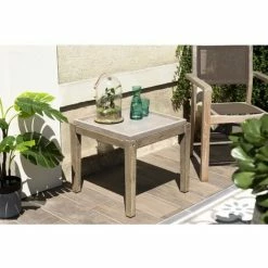 MACABANE HANS - Table D'appoint De Jardin Carrée Béton 53x53 Cm Et Pieds En Bois Acacia - Gris