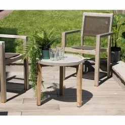 MACABANE HANS - Table D'appoint De Jardin Ronde Béton 50x50 Cm Pieds En Bois Acacia - Gris