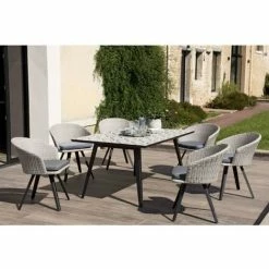 MACABANE VICTOIRE - SALON DE JARDIN EN CARREAUX DE CIMENT 4/6 Pers - 1 Table Rectangulaire 162*102 Cm 6 Fauteuils Rotin Synthétique Gris - Gris