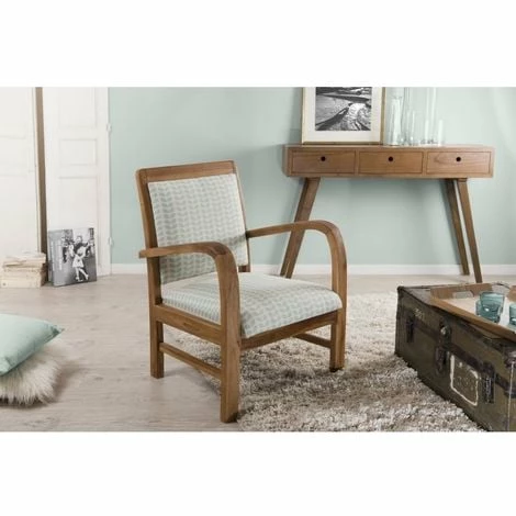 MACABANE ERIS - Fauteuil Bois Teck Scandi Tissu Bleu Clair 'pétales' - Vert 3 MACABANE ERIS - Fauteuil Bois Teck Scandi Tissu Bleu Clair 'pétales' - Vert