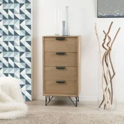 MACABANE EDITH - Chiffonnier Bois Naturel 4 Tiroirs Pieds épingles Métal Noir - Marron