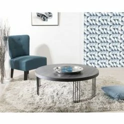 MACABANE FLEUR - Table Basse Ronde 95x95cm Plateau Bois Gris Foncé Pieds Métal Noir - Gris Foncé