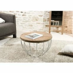 MACABANE ALIDA - Table Basse Coque Ronde 60x60cm Plateau Teck Recyclé Piétement Métal Blanc - Brun