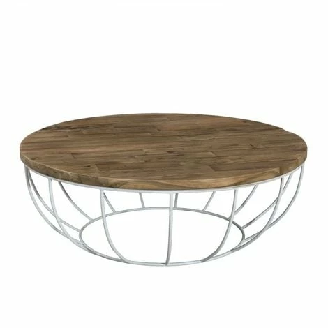 MACABANE ALIDA - Table Basse Coque Ronde 100x100cm Plateau Teck Recyclé Piétement Métal Blanc - Brun 4 MACABANE ALIDA - Table Basse Coque Ronde 100x100cm Plateau Teck Recyclé Piétement Métal Blanc - Brun – Image 2