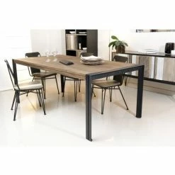 MACABANE ALIDA - Table à Manger Rectangulaire 200x100 Cm Plateau Teck Recyclé Métal Noir - Brun