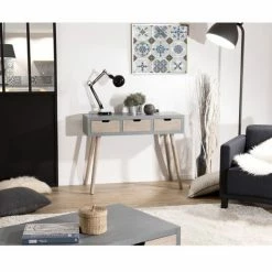 MACABANE MARTIN - Console Grise 3 Tiroirs Beiges Bois Pin - Gris Béton