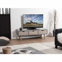 MACABANE MARTIN - Meuble TV Gris 3 Tiroirs Beiges Bois Pin - Gris Béton
