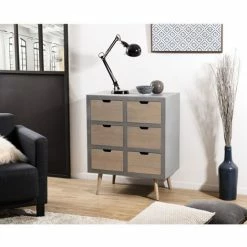 MACABANE MARTIN - Commode Grise 6 Tiroirs Beiges Bois Pin - Gris Béton