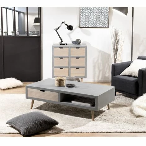 MACABANE MARTIN - Table Basse Grise 1 Niche 2 Tiroirs Beiges Bois Pin - Gris Béton 3 MACABANE MARTIN - Table Basse Grise 1 Niche 2 Tiroirs Beiges Bois Pin - Gris Béton