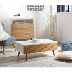 MACABANE ISIDORE - Table Basse 4 Tiroirs Bois Clair Et Blanc - Miel & Blanc