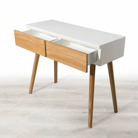 MACABANE ISIDORE - Console 2 Tiroirs Bois Clair Et Blanc - Miel & Blanc 5 MACABANE ISIDORE - Console 2 Tiroirs Bois Clair Et Blanc - Miel & Blanc – Image 3