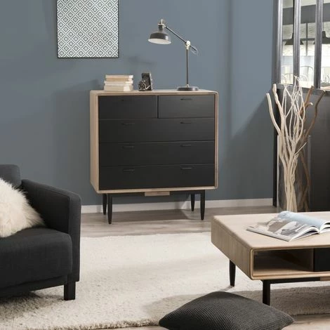 MACABANE AGATHE - Commode 5 Tiroirs Bois Chêne Et Métal Noir - Chêne Clair Cérusé Et Noir 3 MACABANE AGATHE - Commode 5 Tiroirs Bois Chêne Et Métal Noir - Chêne Clair Cérusé Et Noir