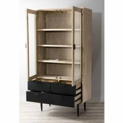 MACABANE AGATHE - Bibliothèque 2 Portes Vitrées 4 Tiroirs Bois Chêne Et Métal Noir - Chêne Clair Cérusé Et Noir -MACABANE Elegant store 17783742 3