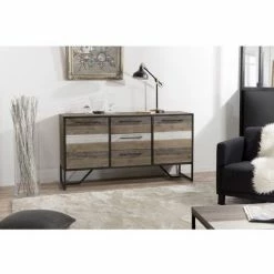 MACABANE LEANDRE - Buffet 2 Portes 3 Tiroirs Acacia Et Acier - Multicouleurs Vieillies