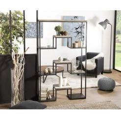 MACABANE LEANDRE - Étagère 'XL' Noire 100 X 170 Cm 3 Niveaux Bois Acacia Et Acier - Multicouleurs Vieillies -MACABANE Elegant store 17783770 5