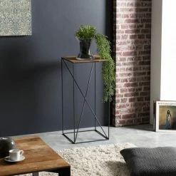 MACABANE MADISON - Table D'appoint Carrée Bois Plateau Teck Recyclé 35x35cm Pied Métal Noir Moyen Modèle - Bois Naturel ; Métal Noir