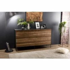 MACABANE MADISON - Buffet Naturel Et Noir 3 Portes Bois Teck Recyclé Métal Et Pieds Métal Gris Anthracite - Bois Naturel ; Métal Vernis Polyuréthane Noir