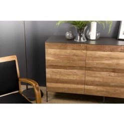 MACABANE MADISON - Buffet Naturel Et Noir 3 Portes Bois Teck Recyclé Métal Et Pieds Métal Gris Anthracite - Bois Naturel ; Métal Vernis Polyuréthane Noir -MACABANE Elegant store 17783849 3