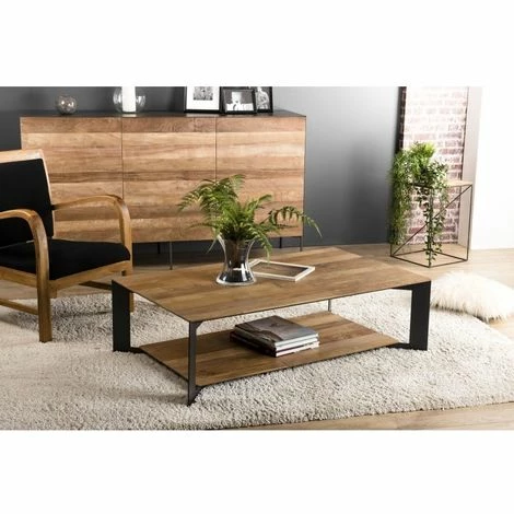 MACABANE MADISON - Table Basse Rectangulaire 120x70cm Avec Tablette Bois Teck Recyclé Pieds Métal Noir - Bois Naturel ; Métal Noir 3 MACABANE MADISON - Table Basse Rectangulaire 120x70cm Avec Tablette Bois Teck Recyclé Pieds Métal Noir - Bois Naturel ; Métal Noir