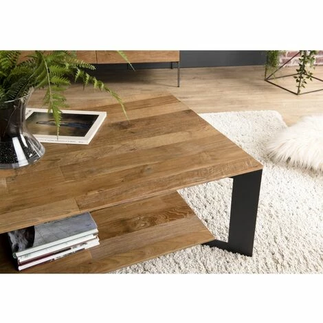 MACABANE MADISON - Table Basse Rectangulaire 120x70cm Avec Tablette Bois Teck Recyclé Pieds Métal Noir - Bois Naturel ; Métal Noir 5 MACABANE MADISON - Table Basse Rectangulaire 120x70cm Avec Tablette Bois Teck Recyclé Pieds Métal Noir - Bois Naturel ; Métal Noir – Image 3