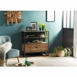 MACABANE ALIDA - Étagère Marron 1 Tiroir Teck Recyclé Acacia Mahogany Et Métal Noir - Brun