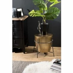 MACABANE JONAS - Table D'appoint Ronde 45x45cm Aluminium Doré Forme Tambour - Structure Métal Noir - Doré