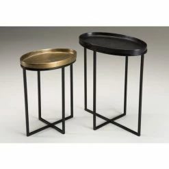 MACABANE JONAS - Set De 2 Tables D'appoint Ovales Aluminium Doré Et Noir - Pieds Métal Noir - Doré Et Noir -MACABANE Elegant store 17783901 5