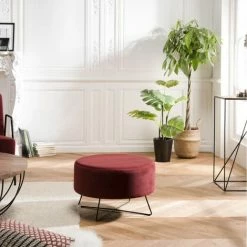 MACABANE ALBANE - Pouf Rond 55x55cm Tissu Velours Bordeaux Pieds Métal - Bordeaux
