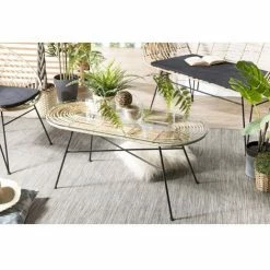 MACABANE CHLOE - Table Basse 100x45cm Rotin Naturel Plateau Verre Pieds Métal Noir - Naturel