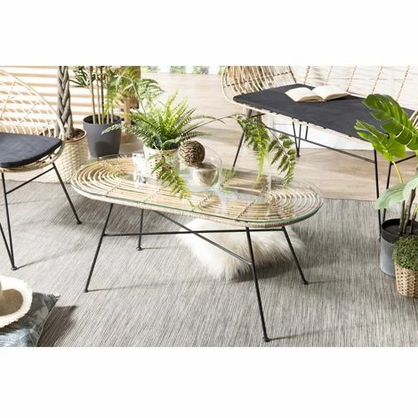 MACABANE CHLOE - Table Basse 100x45cm Rotin Naturel Plateau Verre Pieds Métal Noir - Naturel 3 MACABANE CHLOE - Table Basse 100x45cm Rotin Naturel Plateau Verre Pieds Métal Noir - Naturel