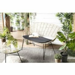 MACABANE CHLOE - Canapé 2 Places Rotin Naturel NEWPORT Coussin Noir Pieds Métal - Naturel