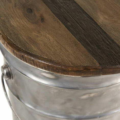 MACABANE NOLAN - Tabouret Rond 33x33cm Bidon Acier Et Bois Recyclé - Esprit Brocante - Bois Naturel 5 MACABANE NOLAN - Tabouret Rond 33x33cm Bidon Acier Et Bois Recyclé - Esprit Brocante - Bois Naturel – Image 3