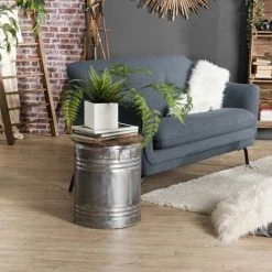 MACABANE NOLAN - Table D'appoint Ronde 40x40cm Bidon Acier Et Bois Recyclé - Esprit Brocante - Bois Naturel