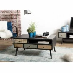 MACABANE ROMAIN - Table Basse Noire 8 Tiroirs Marrons Motifs Pin - Noir Mat