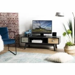 MACABANE ROMAIN - Meuble TV Noir 2 Tiroirs Marrons Motifs Pin - Noir Mat