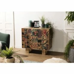 MACABANE IRENE - Buffet Bois Manguier 81x45cm 2 Portes 2 étagères Pondichéry - Naturel