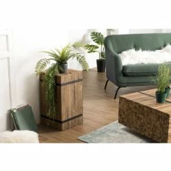 MACABANE SUZY - Table D'appoint Carrée 'M' 34x34cm Bois Teck Recyclé Cerclée Métal Noir - Naturel