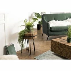 MACABANE SUZY - Table D'appoint Ronde 45x45cm Bois Teck Recyclé Cerclée Métal Pieds épingles Métal Noir - Naturel