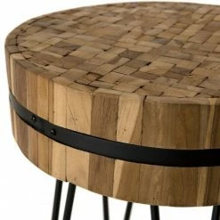 MACABANE SUZY - Table D'appoint Ronde 45x45cm Bois Teck Recyclé Cerclée Métal Pieds épingles Métal Noir - Naturel -MACABANE Elegant store 17784023 3