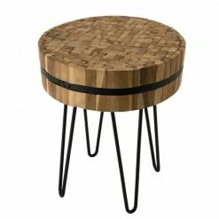 MACABANE SUZY - Table D'appoint Ronde 45x45cm Bois Teck Recyclé Cerclée Métal Pieds épingles Métal Noir - Naturel -MACABANE Elegant store 17784023 5