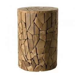 MACABANE SUZY - Table D'appoint Marron Ronde 30x30cm Mosaïque Bois Teck - Naturel -MACABANE Elegant store 17784025 4