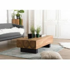 MACABANE SUZY - Table Basse Poutres 120x60cm Bois Suar Pieds Noirs - Naturel