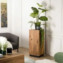 MACABANE SUZY - Table D'appoint Carrée Haute 38x38cm Bois Suar Piètement Noir - Naturel