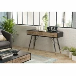 MACABANE DALIE - Console Noire 3 Tiroirs Scandi Bois Sapin Marqueté Pieds Métal Doré - Noir
