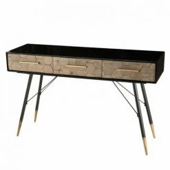 MACABANE DALIE - Console Noire 3 Tiroirs Scandi Bois Sapin Marqueté Pieds Métal Doré - Noir -MACABANE Elegant store 17784047 5