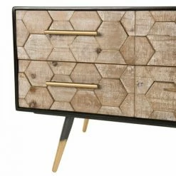 MACABANE DALIE - Meuble TV Noir 6 Tiroirs Scandi Bois Sapin Marqueté Pieds Métal Doré - Noir -MACABANE Elegant store 17784049 3