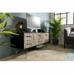 MACABANE DALIE - Meuble TV Noir 6 Tiroirs Scandi Bois Sapin Marqueté Pieds Métal Doré - Noir -MACABANE Elegant store 17784049 4